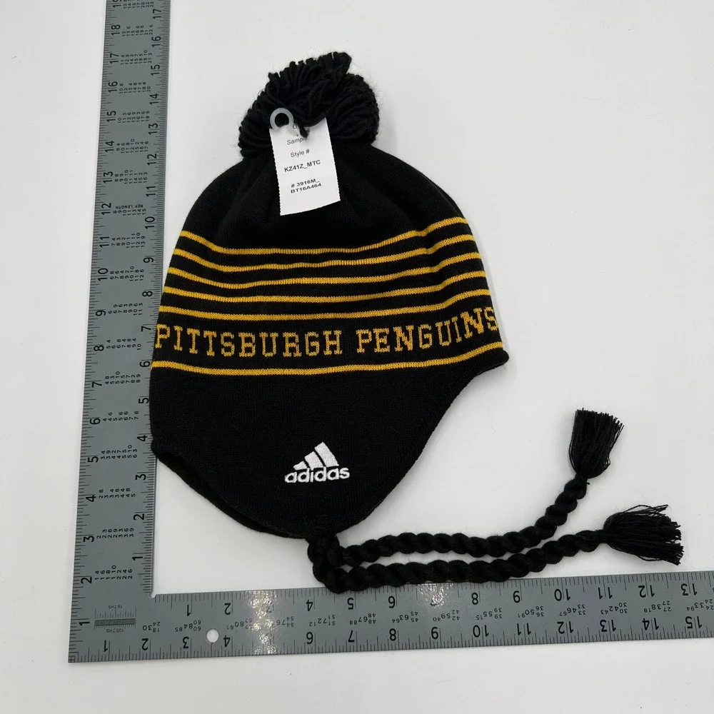 Adidas Pittsburgh Penguins NHL Beanie Hat Black Gold Pom Tassels NEW